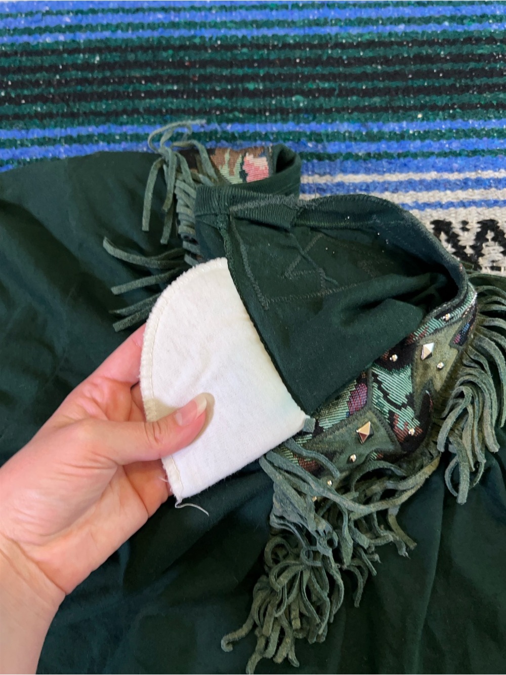 Vintage 80s Green Suede Fringe Top Cropped Aztec Tapestry Studded Western - Picture 9 of 11